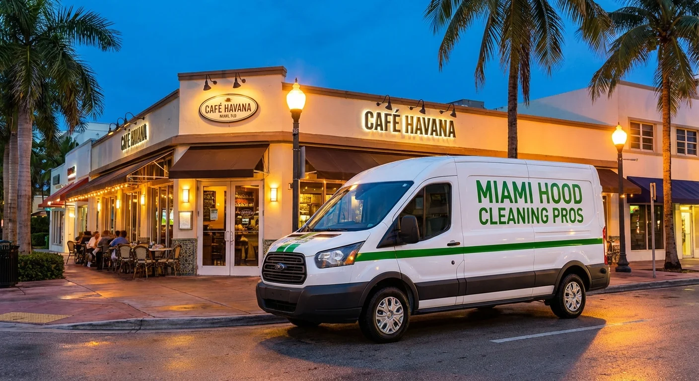 Miami Hood Cleaning Pros van parked outside a Miami restaurant